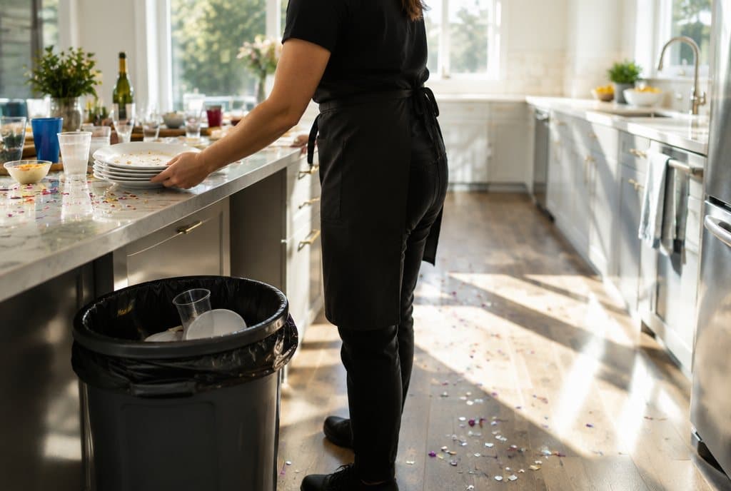 Cleaner clearing cups from a kitchen counter the morning after a party