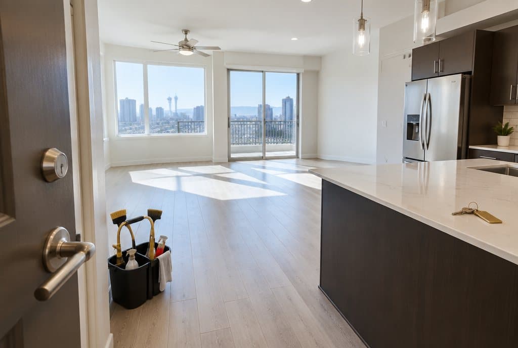 Sparkling empty rent-ready condo living room in Las Vegas with keys on the counter