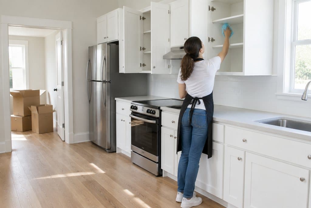 Cleaner wiping the inside of empty kitchen cabinets during a move-out clean