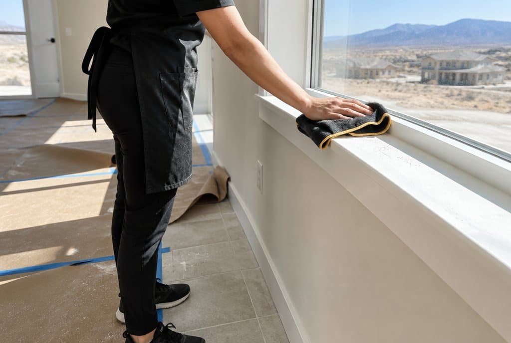 Cleaner wiping drywall dust from a new window sill in a newly built home