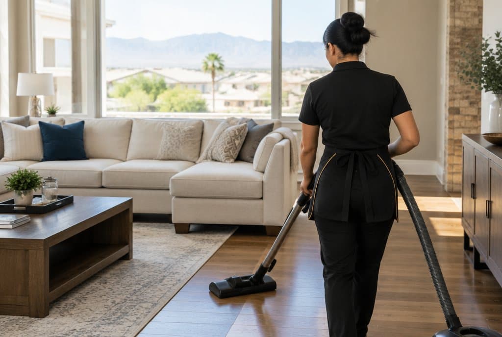 Vital Cleaning Service cleaner vacuuming a bright Henderson living room