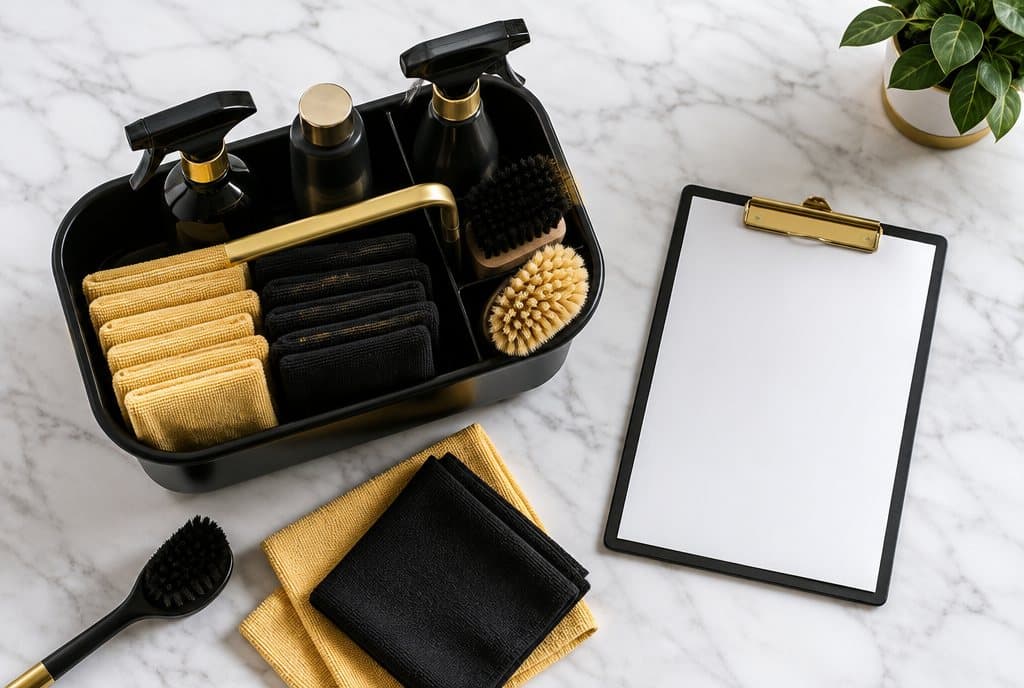 Cleaning caddy with black and gold supplies and a checklist clipboard